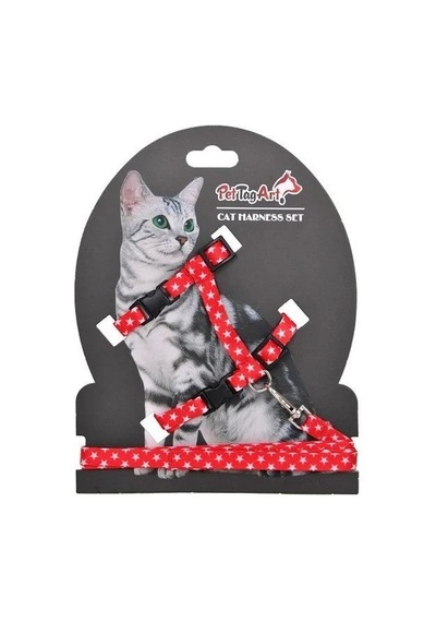 Pettagart Kırmızı Beyaz Yıldız Desenli Ayarlanabilir Kedi Göğüs Tasma Seti 10 Mm 110 Cm