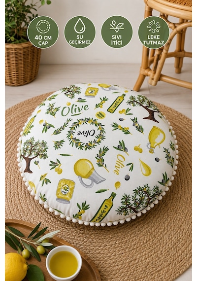Yuvarlak Minder 40 Cm Çap Zeytin Desenli Dekoratif Minder Beyaz Ponponlu Su Geçirmez Sıvı İtici Çok Renkli