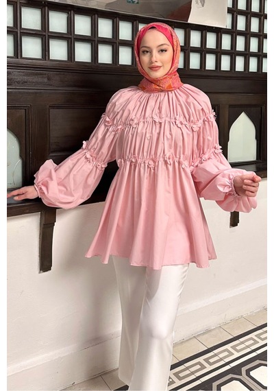 Unika Boutique Mini Çiçekli Kadın Tesetettür Gömlek Pembe
