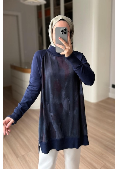 Kahijab Yan Fermuarlı Desenli Boğazlı Merserize Tunik - Lacivert