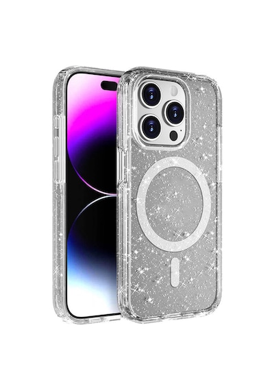 Apple Uyumlu iPhone 15 Pro Max Kılıf Magsafe Şarj Özellikli Parlayan Simli Saydam Renkli Mor Mor