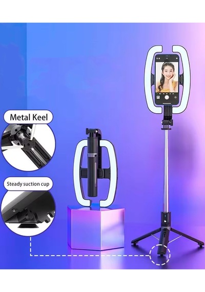 Exenar - Siyah - Monopod Tripod Led Işık Selfie Kumandalı Tripod 138cm Canlı Yayın Telefon Tutcusu