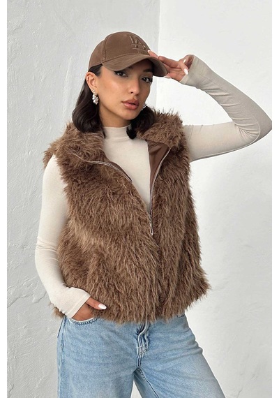 Verymoda Yapay Kürk Kadın Yelek Fermuarlı, Yumuşak Dokulu I Vmf2046 Açık Kahve