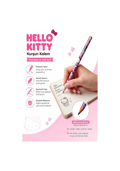 Hello Kıtty Kurşun Kalem 3 Adet Hello Kity Yuvarlak Gövdeli Siyah Kurşun Kalem Yumuşak Yazım Kolay Tutuş Kaliteli Çok Renkli