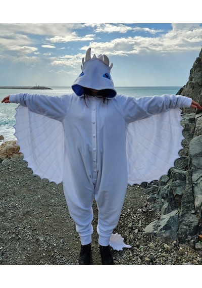 Işığın Öfkesi Ejderha Kostümü Yetişkin Beyaz Ejderha Pijama Tulum Kostüm