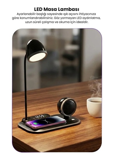 4-in-1 Kablosuz Şarj Standı İphone & Android Uyumlu, Siyah Masa Lambası Ve Bluetooth Hoparlörlü