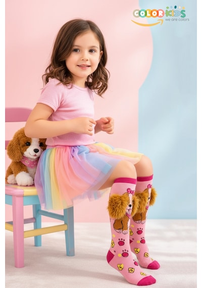 Color Socks 1 Çift Peluş Kulaklı Köpek Desenli Kız Çocuk Çorap Pembe