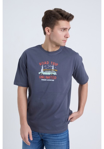 Velvoria Unisex Oversize Road Trip Baskılı Antrasit Renk T-shirt