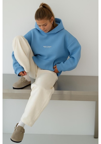 Benroma 3 İplik Penye Peteet Studıos Baskılı Unisex Kapüşonlu Sweat Bebe Mavisi