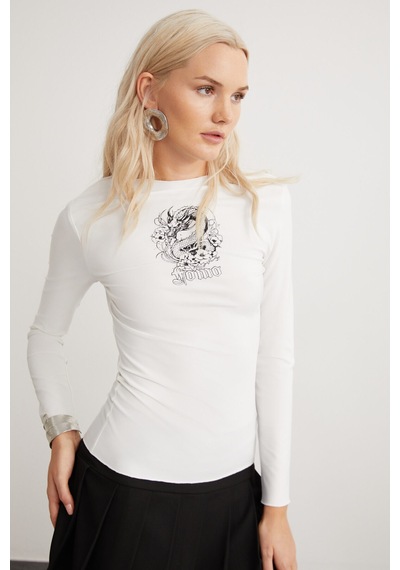 ETHIQUET ZOWI Kadın Baskı Detaylı Slim Fit Dar Kalıp Uzun Kollu Bisiklet Yaka Beyaz T-Shirt