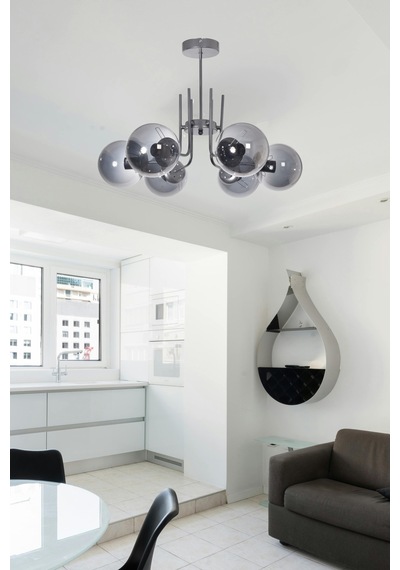 Vien Modern Tasarım Salon Yemek Odası Mutfak Gri Renk Füme Camlı Sarkıt 6 Lı Avize Gri Füme Gri Füme