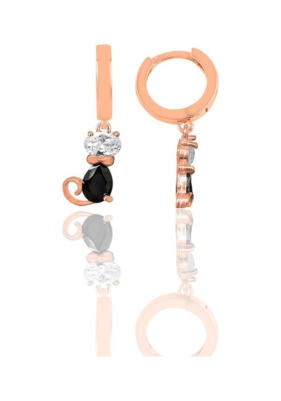 Gümüş Rose Zirkon Ve Onix Taşlı Özel Tasarım Kedi Küpe