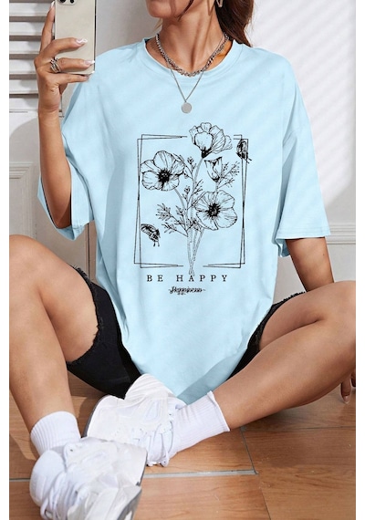 Uyguntarz Unisex Be Happy Baskılı Oversize Tshirt Bebe Mavisi