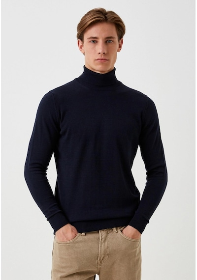 Erkek Tam Balıkçı Boğazlı Triko Lacivert Slim Fit Pamuklu Sık Örme Kazak Ncs Jeans 3003 Lacivert