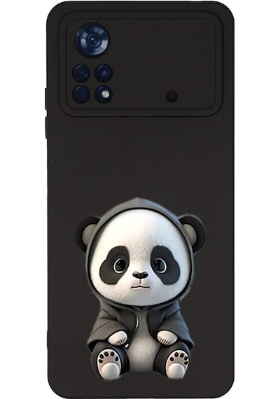 Poco X4 Pro İle Uyumlu Sevimli Panda 0214d Tasarımlı Siyah Lansman Kılıf Çok Renkli