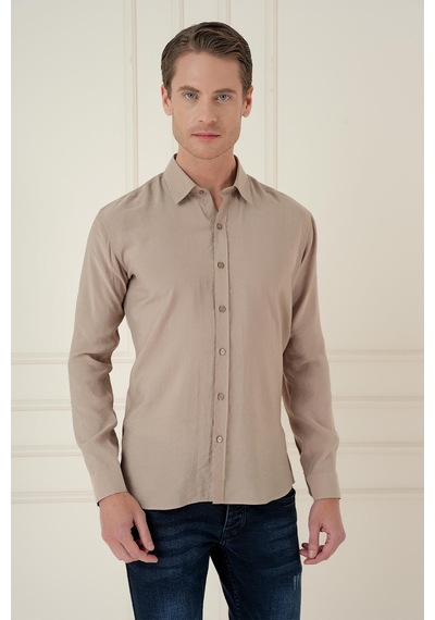 Efor Slim Fit %100 Modal Uzun Kol Klasik Bej Gömlek Gk 743 Bej