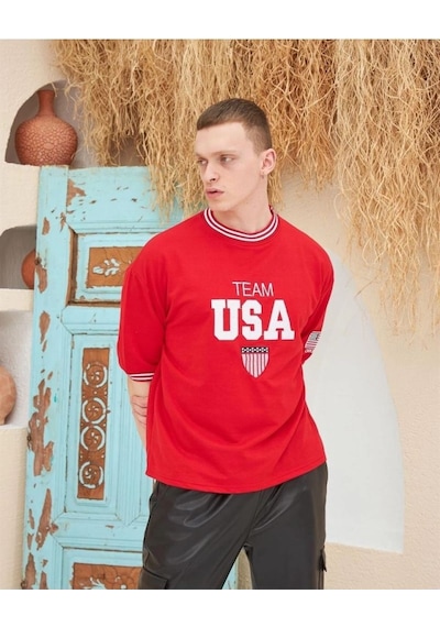 Nakış İşlemeli Ribanalı Oversize T-shirt - Kırmızı