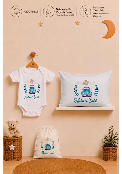 Pia Baby İsme Özel Yenidoğan Erkek Bebek Hediye Seti Organik Baskılı Pamuk Body Yastık Kılıfı Ve Ham Bez Kıyafet Kesesi 2078byk2x Ekru