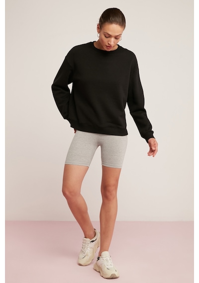 Ethıquet Sahra Kadın Pamuklu Içi Polarlı Yumuşacık Oversize Yuvarlak Yaka Basıc Siyah Sweatshirt
