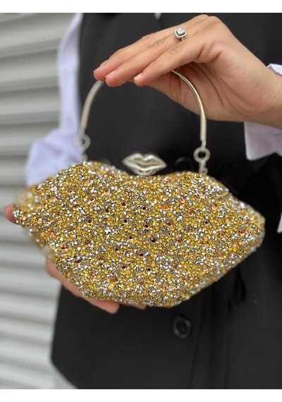 Çanta Trend Kristal Taşlı Uzun Ve El Tutma Askılı Abiye Çanta Gold
