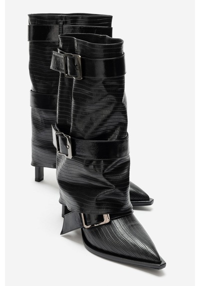 Luvi Shoes Ylva Siyah Çizgili Kemerli Kadın Topuklu Çizme