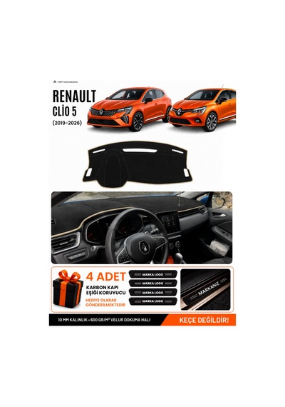 Renault Clıo 5 2019-2026 Uyumlu Torpido Koruma, Torpido Örtüsü, Torpido Kılıfı - Siyah Bej