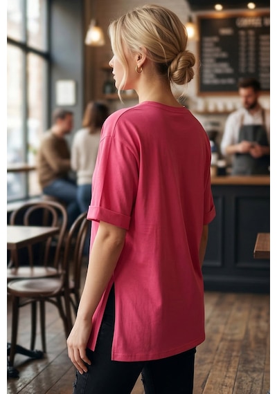 Armonika Kadın Fuşya Yuvarlak Yaka Duble Kol Yanları Yırtmaçlı Pamuklu T-shirt Arm-26y137001 Armonika Kadın Fuşya Yuvarlak Yaka Duble Kol Yanları Yırtmaçlı Pamuklu T-shirt Arm-26y137001