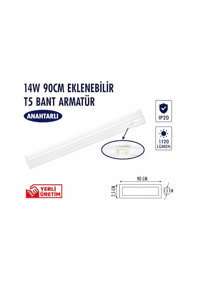 Lampist 90cm 14w T5 Ledli Bant Armatür 6500k Beyaz