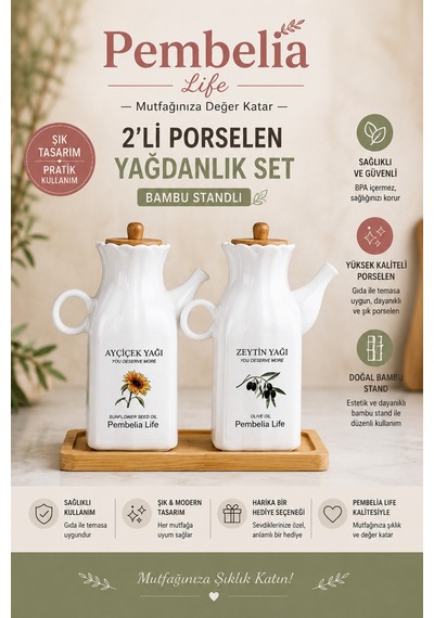 Etiketli Bambu Standlı 2'li Kare Porselen 1000ml Yağlık Sirkelik 3'lu Yağdanlık Set Takım Beyaz Beyaz