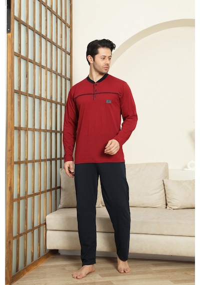 Enisena Erkek %100 Pamuklu Pijama Takımı-robalı Ve 3 Düğmeli-12489 Bordo