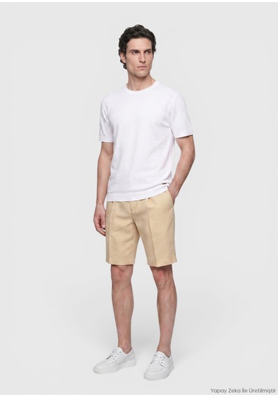 Ramsey Açık Sarı Düz Dokuma Casual Fit Casual Keten Karışımlı Bermuda