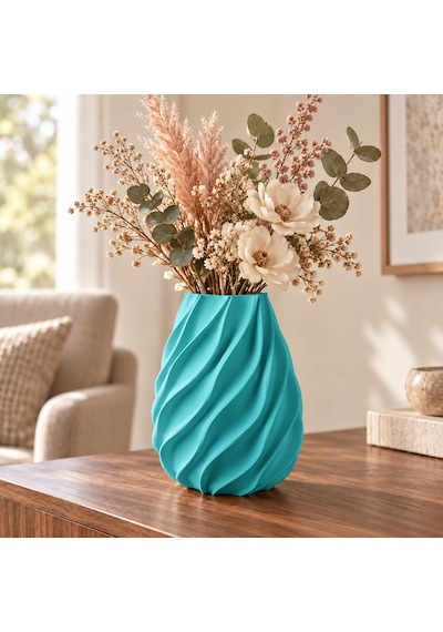 Burgu Desenli Dekoratif Vazo 20 Cm Modern Tasarım Kuru Ve Yapay Çiçek Vazosu Camgöbeği