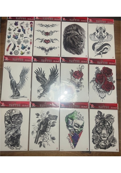 Airbrush Tattoo Büyük Boy Yapıştırma Geçici Dövme Seti 12'li Seri4
