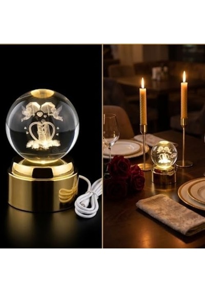 3d Lazer Kazımalı Kristal Top Gece Lambası, Altın Rengi Tabanlı, Usb Bağlantılı, Romantik Çift Temalı, Masa Dekoru .