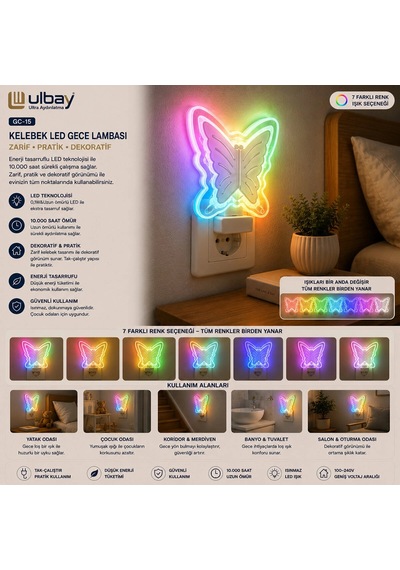 10 Adet Kelebek Led Gece Lambası Gc-15 Bx40 10 Parça Siyah