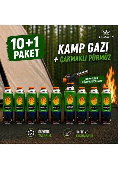 10+1 Çakmaklı Pürmüz Yedek Kartuşu Kamp Gazı 400 Ml Piknik Kamp Mangal Mutfak Ateş Tutuşturucu Yeşil