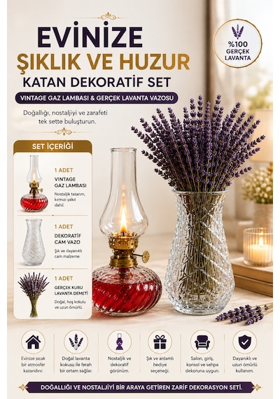 Vintage Gaz Lambası Ve Cam Vazo Gerçek Kuru Lavanta Seti Dekoratif Ev Salon Konsol Raf Süsü Hediyelik 3'lü Set