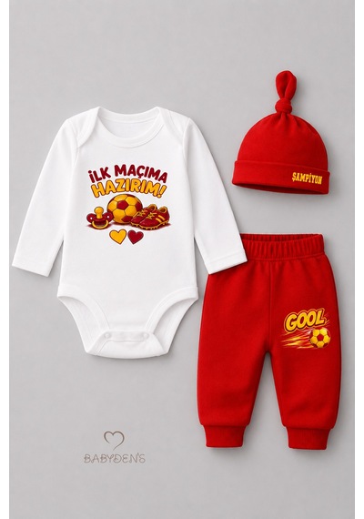 Babyden's Bebek 3'lü Takım Sarı Kırmızı Taraftar Temalı Uzun Kol %100 Pamuk Yenidoğan Seti İlk Maçıma Hazırım