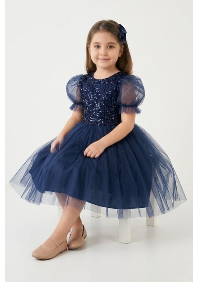 Mnk Baby & Kids Balon Kol Pul Payet Kız Çocuk Tütü Elbise M00751 Lacivert