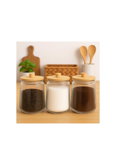 3 Lü Bambu Vakum Kapaklı 1300 Cc Çay Şeker Kahve Tuz Saklama Kavanozu Bakliyat Kavanoz Seti Bej Bej