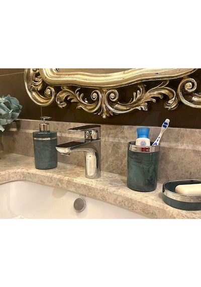 Makri Home Banyo Seti 5'li, Yuvarlak, Akrilik-çöp Kovası, Wc Fırçalık, Sıvı Sabunluk, Diş Fırçalık, El Sabunluk Yeşil