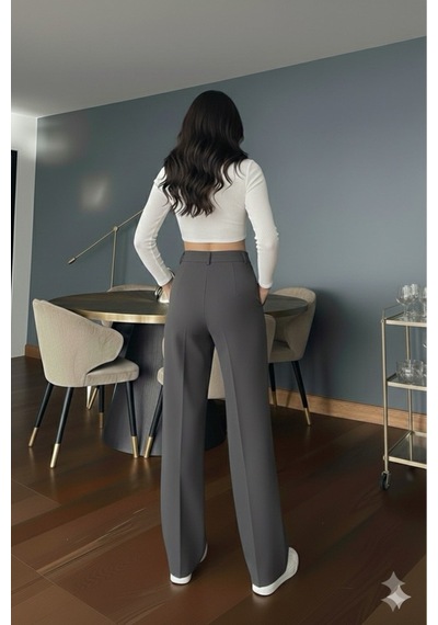 Unika Boutique Kadın Kahverengi Yüksek Bel Palazzo Pantolon Pileli Düğme Detaylı Bol Kesim Likralı Kumaş Pantolon Füme