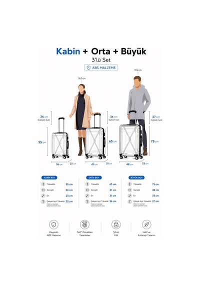 Polo&sky Altuğ Model Pembe Renk 3'lü Abs Valiz Seti Kabin - Orta - Büyük