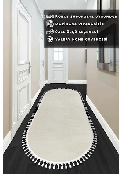 Valeryhome Vl Comfort Düz Saçaklı Peluş Düz Yolluk Ekru Oval Ekru Ponpon