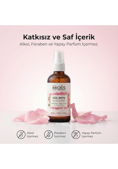 Saf Gül Suyu - 100% Pure Rose Water 100 Ml - Doğal Gül Mayası Hidrolatı - Canlandırıcı Ve Nemlendirici Yüz Toniği Cam Şişe Ve Sprey