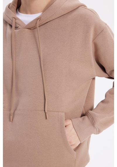 Tudors Kadın Oversize Geniş Kesim Pamuklu Yumuşak Dokulu İçi Polarlı Basic Vizon Kapüşonlu Sweatshirt-37905 VIZON