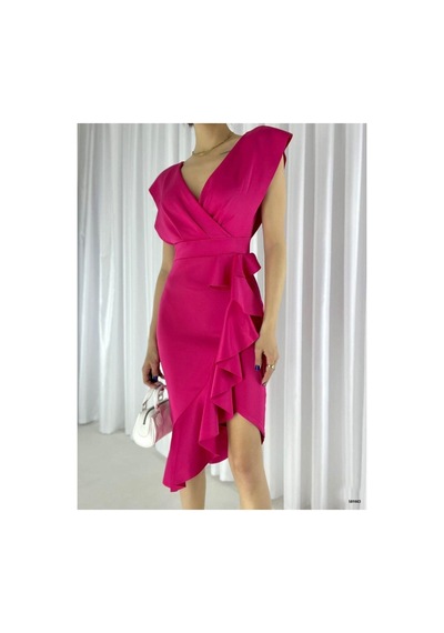 Butik İstanbul Scuba Kumaş Önü Fırfırlı Midi Boy Elbise Pembe