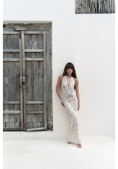 Mai Studios Co. Mai Collection Galagher Degaje Bej Uzun Elbise Bej