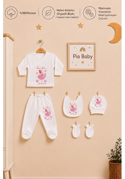 Pia Baby İsme Özel Kız Bebek Hastane Çıkışı 6'lı Set %100 Pamuk Organik Baskılı Battaniyeli Zıbın Seti 1025bz0x Ekru