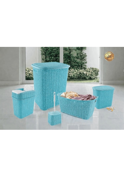 5 Parça Örgü Desenli Plastik Banyo Seti Çamaşır Sepeti Deterjanlık Çöp Kovası Klozet Fırçası - Mavi Renkli